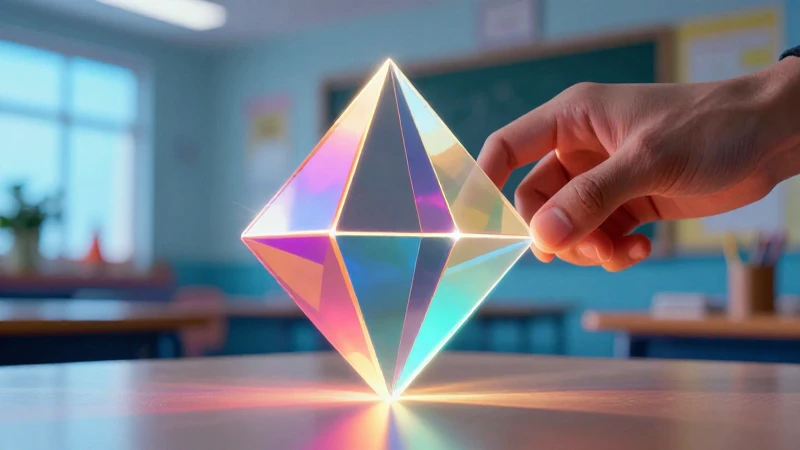 Prisma geométrico luminoso en aula moderna para enseñar volúmenes