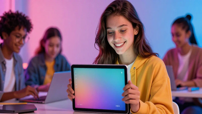 Estudiante sonriente aprende en entorno vibrante moderno
