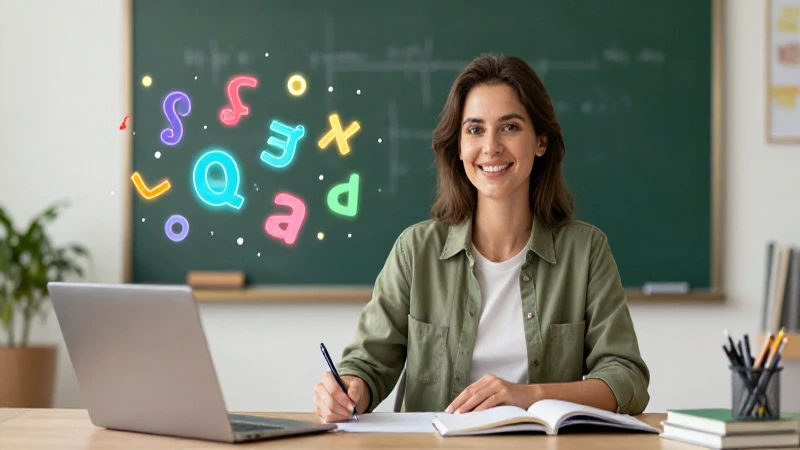 Educadora moderna con símbolos de aprendizaje vibrante