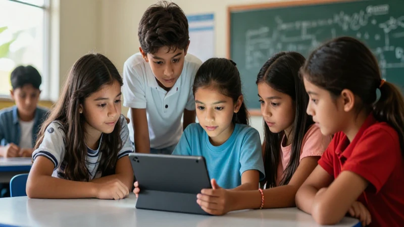 Estudiantes mexicanos colaboran con tabletas en un aula vibrante