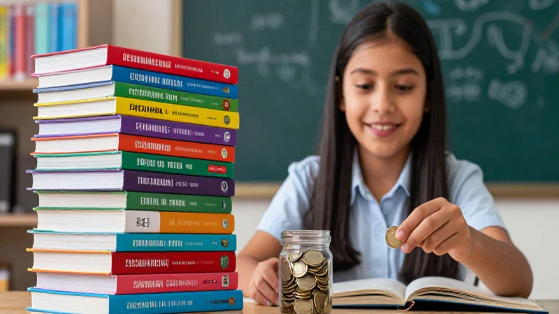 Estudiante concentrado, libros y monedas