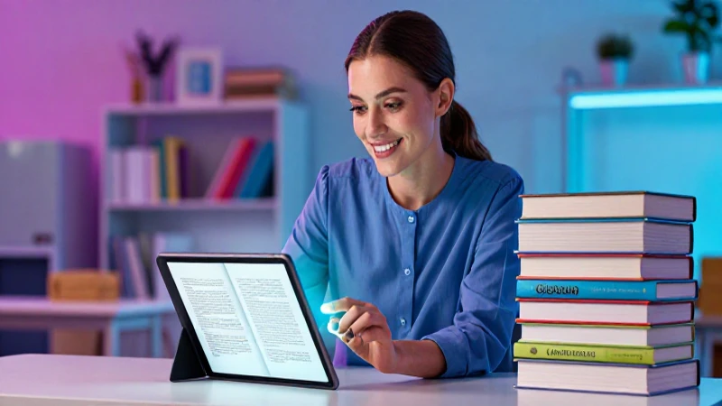 Profesora alegre usa tablet con libros en clase