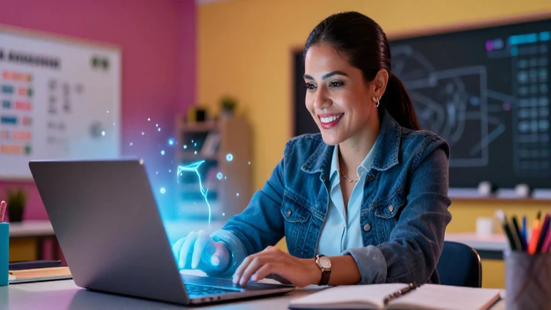 Explora la nueva escuela mexicana con nuestros webinars 5 Educadora mexicana sonriente interactúa con pantalla digital