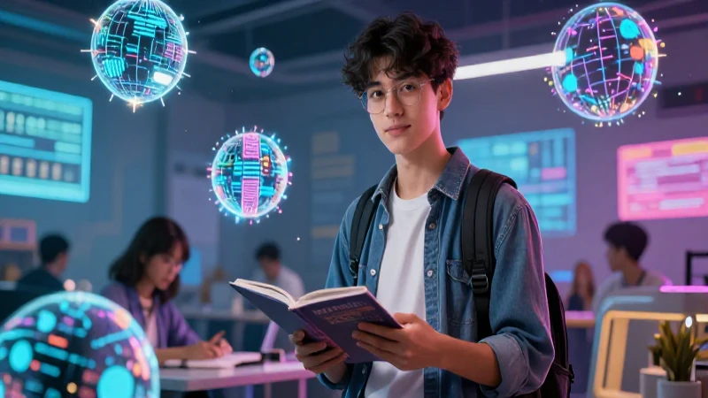 Estudiante carismático en revista educativa vibrante