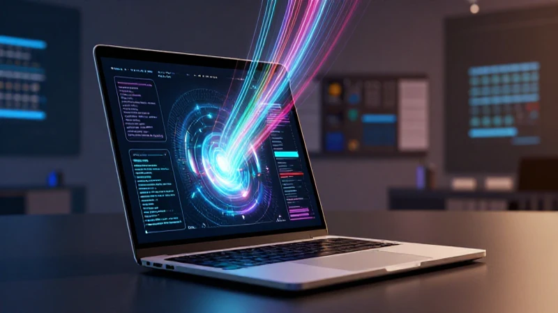 Laptop moderna con interfaces digitales vibrantes