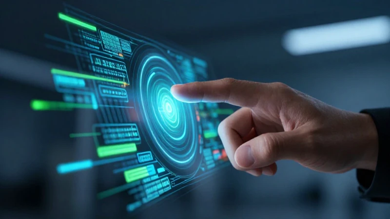 Mano moderna interactúa con datos holográficos neón