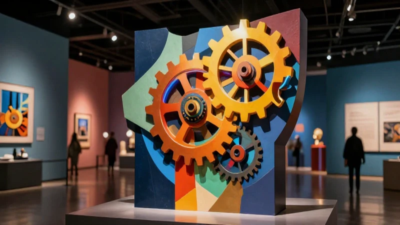 Escultura cubista brillante con engranajes mecánicos