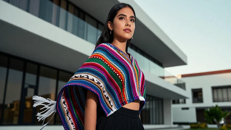 Mujer zapoteca moderna en arquitectura oaxaqueña con textiles vibrantes
