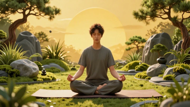 Zen: Qué es, beneficios, definición y concepto esencial 4 Retrato realista de meditación en jardín Zen