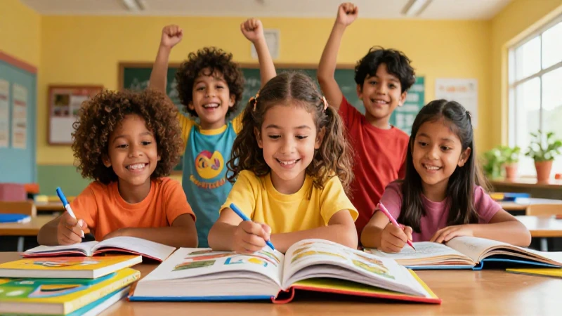 Zig Zag: La Innovadora Línea Editorial Zig Zag que Sorprende 6 Niños felices aprendiendo en un aula colorida