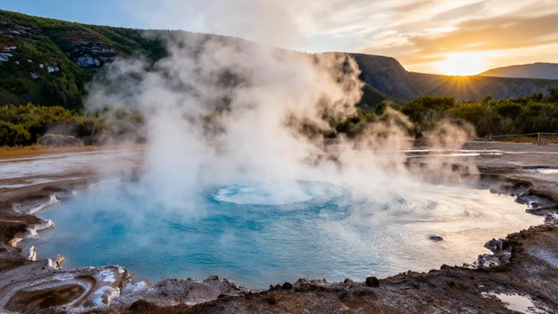 Aguas termales turquesas en paisaje volcánico al atardecer