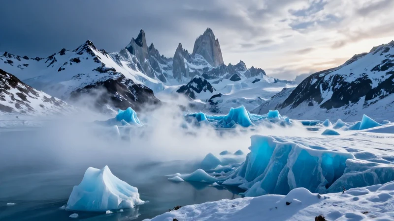 Paisaje alpino gélido, dramático y ultradetallado