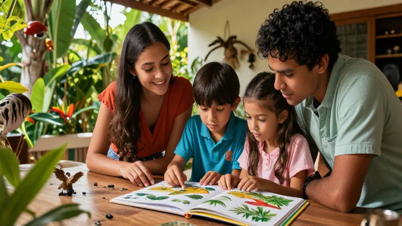 Familia aprendiendo sobre naturaleza en casa