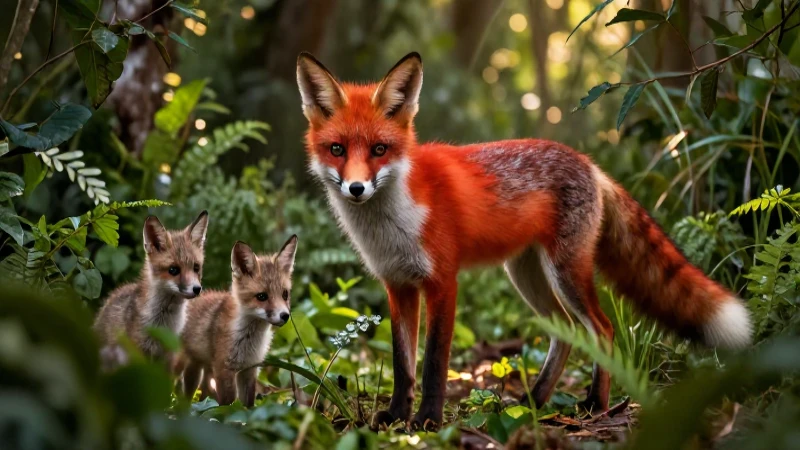 Zorro rojo con cachorros en bosque mexicano
